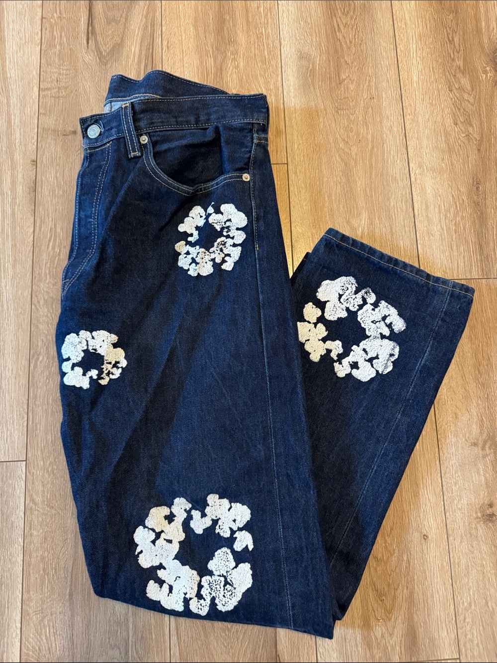Men’s Denim Tears Levi’s 501 Straight Leg Dark Blue Jeans with Painted Designs
